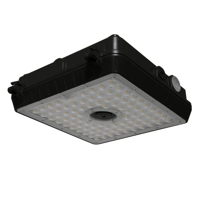 Product Luz de dosel cuadrada de 45 vatios | 6900 lúmenes | 3000 K/4000 K/5000 K ajustable | 100-277 V | Carcasa negra | Batería de respaldo de emergencia MLLG-AL-LED-CAN-45-CC-800×800-1.webp