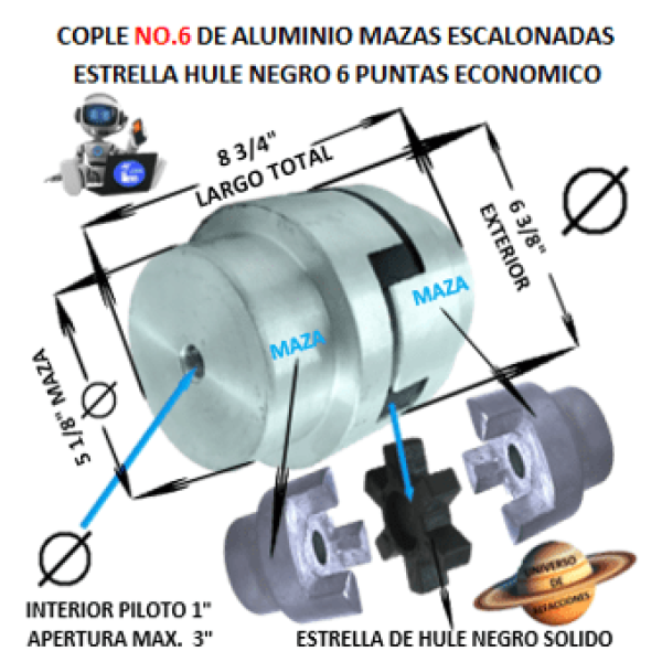 Product No.6 COPLE ESTRELLA DE ALUMINIO ECONOMICO EXTERIOR 6 3/8” LARGO 8 3/4” NO.6-COPLE-ESTRELLA-DE-ALUMINIO-UNIVERSO-DE-REFACCIONES-INDUSTRIALES-OSUNA-BALERO.png